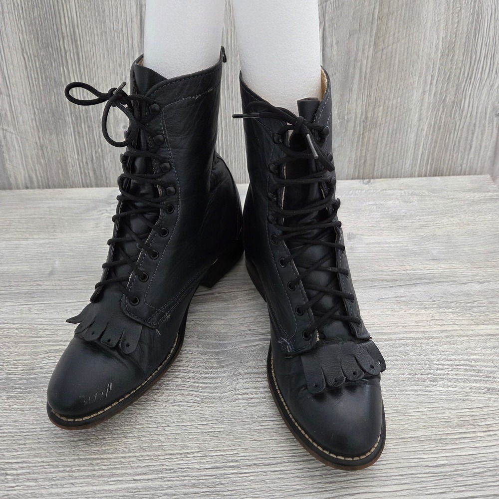 Laredo Packer Boots Black Leather Lace Up Kiltie Fringe Women 7